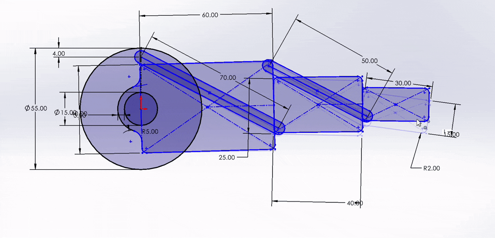 Animated SolidWorks sketch of the trailing-edge linkage kinematics