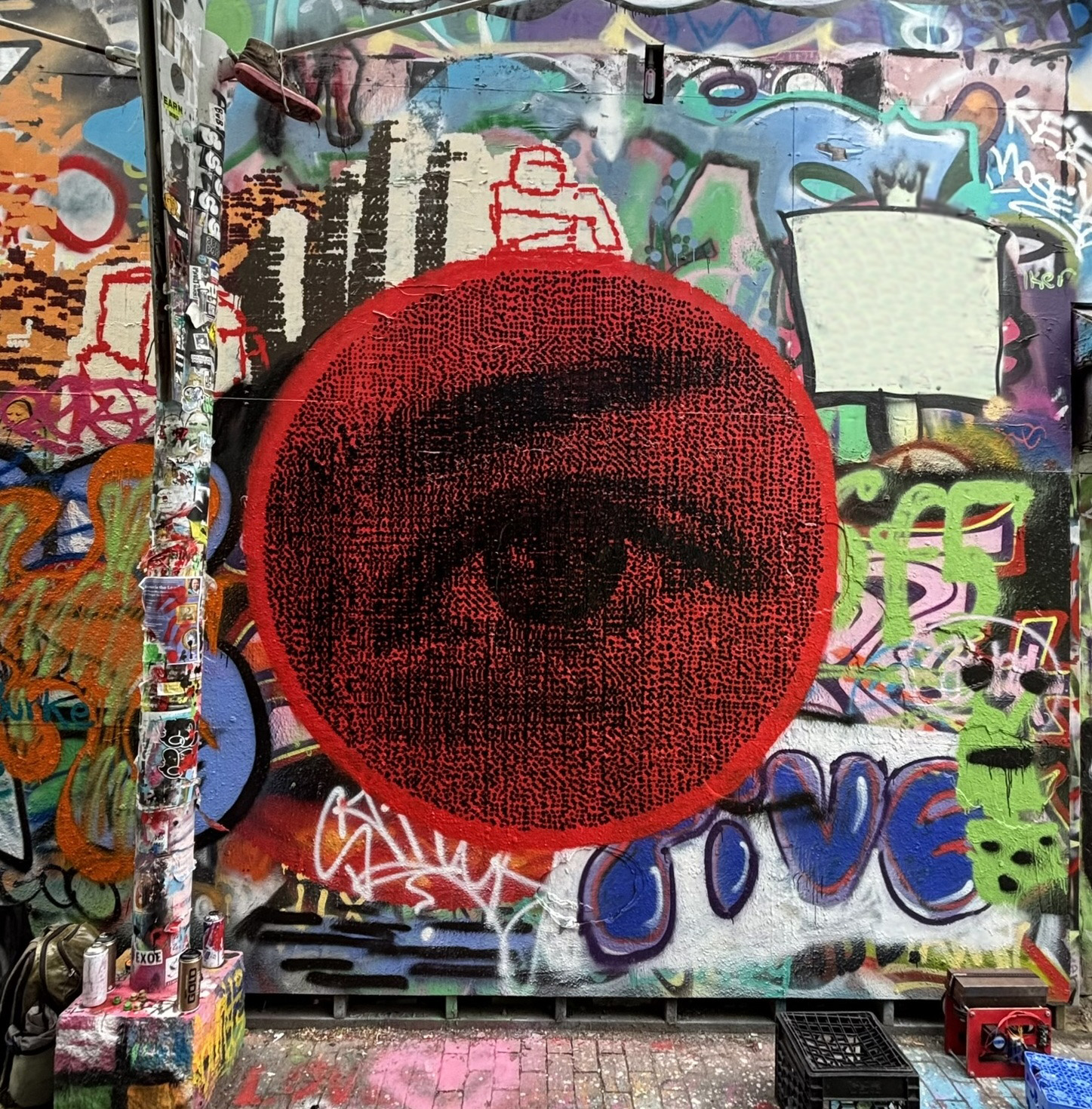 Most recent mural — eye on graffiti wall